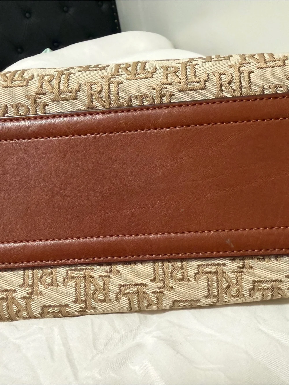 Lauren Ralph Lauren Cream Jacquard Satchel with Brown Leather Trim